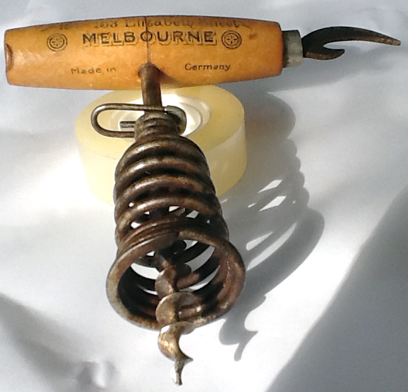 SOMMERS –TYPE SPRING BARREL CORKSCREW WITH CROWN OPENER AND AUSSIE ADVERTISEMENT Brian May